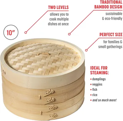 Highlights multiple benefits of the bamboo steamer, including its two-level design for cooking multiple dishes, eco-friendly material, and versatility for…