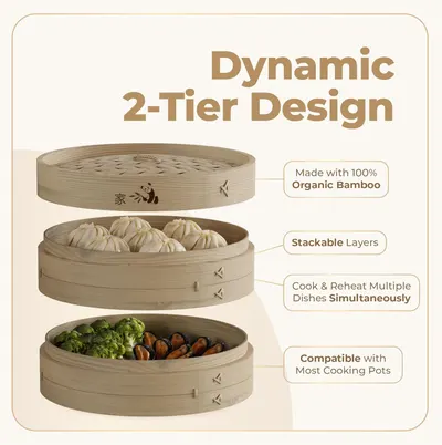 Showcases the product's eco-friendly material, stackable functionality, and versatility for cooking multiple dishes simultaneously.