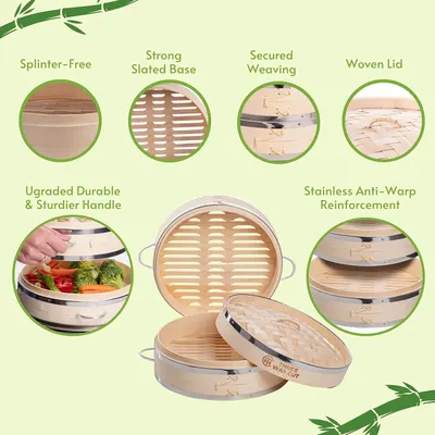 Highlights multiple features of the bamboo steamer to demonstrate its quality construction and durability.