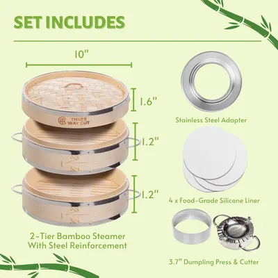 Secondary Images for Dumpling Bamboo Steamer 10 Inch 2 Tier Wooden Basket With Handle