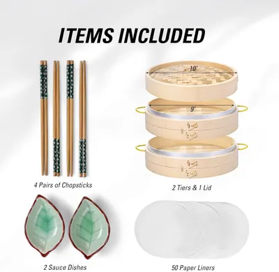 Shows all items included in the bamboo steamer set, helping customers understand the full value of their purchase.