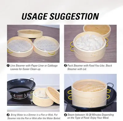 Provides step-by-step instructions on how to properly use and set up the bamboo steamer for cooking.