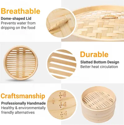 Highlights multiple key features of the bamboo steamer, emphasizing its breathable lid, durable bottom, and quality craftsmanship to showcase its overall value and functionality.