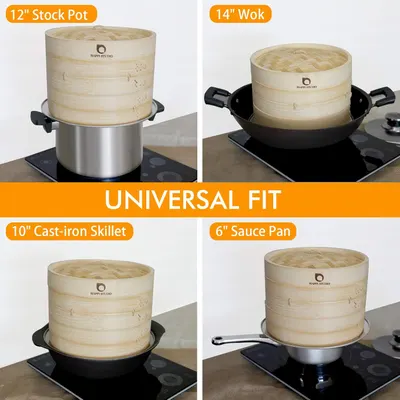 Demonstrates the versatility of the product by showing it fits various types and sizes of cookware.