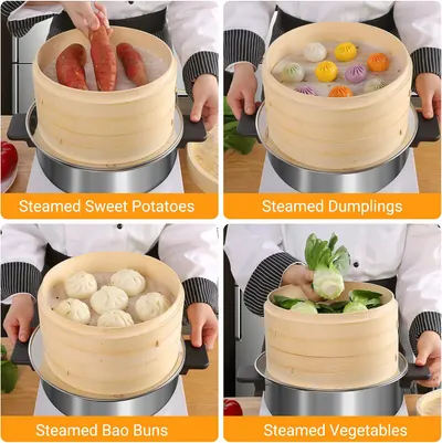 Demonstrates the various foods that can be prepared using the steamer, showcasing its versatility in cooking different dishes.