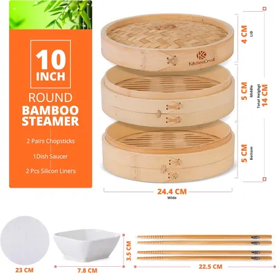 Provides exact measurements of the bamboo steamer to help shoppers understand its size and capacity. Shows all items included in the bamboo steamer set,…