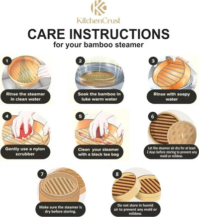 Provides step-by-step instructions on how to properly clean and maintain a bamboo steamer to ensure its longevity and prevent mold or mildew.