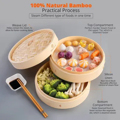 Secondary Images for Bamboo Steamer Basket for Chinese Asian Cuisine
