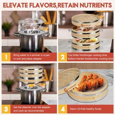 Demonstrates the step-by-step process of using the bamboo steamer, highlighting its benefits for healthy cooking. Emphasizes the product's ability to elevate flavors and retain nutrients through…