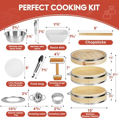 Shows all items included in the cooking kit, highlighting the variety and completeness of the set for potential buyers. Provides exact measurements for each item in the kit, helping customers…