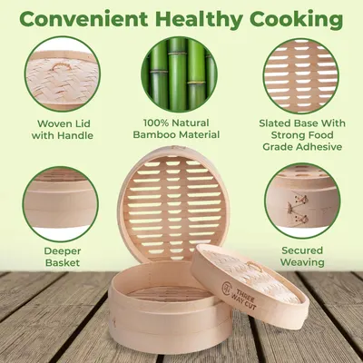 Highlights multiple features of the bamboo steamer basket to show its quality construction and ease of use for healthy cooking.