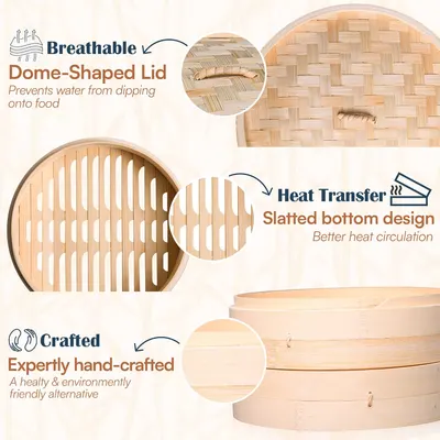 Highlights multiple features of the bamboo steamer, emphasizing its functional design and quality craftsmanship.