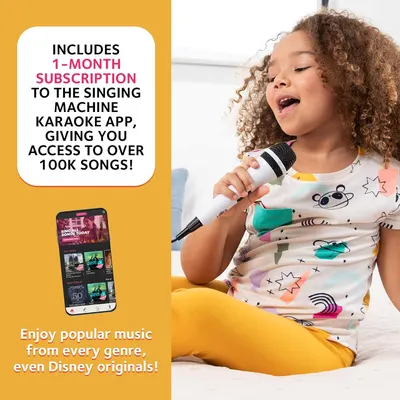 Highlights the added value of a free 1-month subscription to a karaoke app with over 100K songs, enhancing the product's appeal. Shows the product being used by a child for singing, demonstrating…