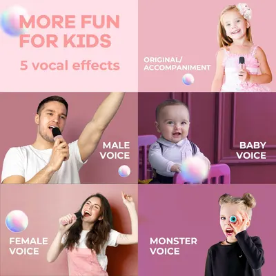Showcases the different voice effects available in the product, emphasizing its fun and kid-friendly nature. Highlights multiple features of the product including various voice effects and…