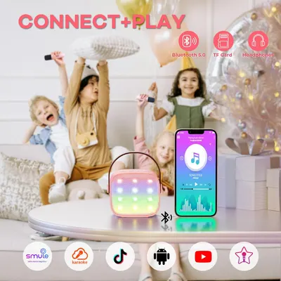 Showcases multiple connectivity and entertainment features of the portable speaker, emphasizing its versatility for kids and families.