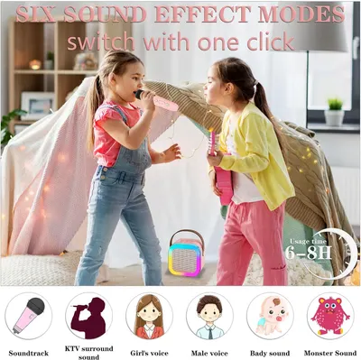 Highlights multiple features of the product including various sound effect modes, long battery life, and portable design to showcase its versatility for children's entertainment.