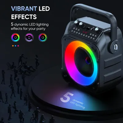 Highlights the product's vibrant LED lighting feature with 5 dynamic effects to enhance party atmosphere.