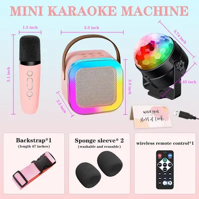 Shows all the components included in the mini karaoke machine set, highlighting the variety of accessories and features available. Provides exact dimensions of each component to emphasize the…