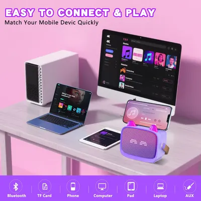 Demonstrates how easily the product connects to various devices for playing music, reassuring customers about compatibility and ease of use. Shows the wide range of devices the product is compatible…