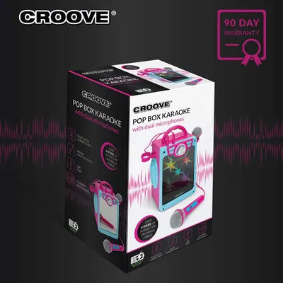 Shows the complete product package, highlighting the karaoke machine and included dual microphones to inform customers of what they'll receive. Emphasizes the 90-day warranty to reassure customers…