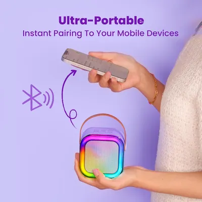 Highlights the product's easy pairing capability with mobile devices, emphasizing its portability and convenience.