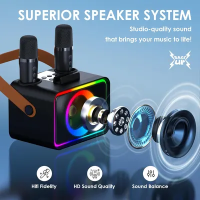 Showcases multiple features of the speaker system to highlight its superior audio quality and attractive design elements. Illustrates the internal components of the speaker to demonstrate the…