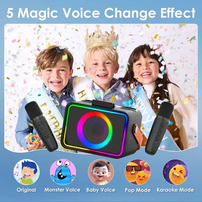 Showcases multiple fun features of the voice changer device, emphasizing its appeal for children's entertainment and creativity.