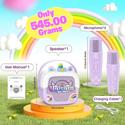 Shows all items included in the unicorn-themed karaoke set, highlighting the speaker, microphones, and accessories. Emphasizes the lightweight nature of the product by displaying its total weight of…