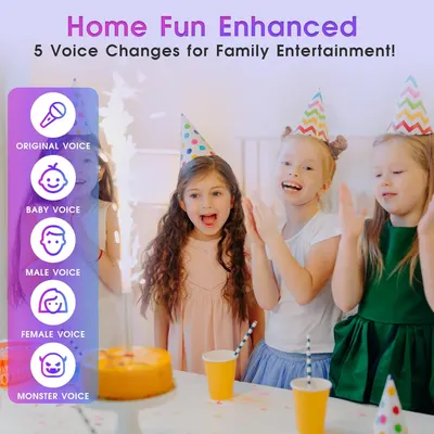 Demonstrates the different voice changing options available for family entertainment, showcasing the product's versatility for fun at home.