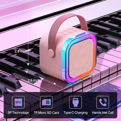 Demonstrates the small, portable size of the speaker by showing its dimensions on piano keys. Highlights multiple features of the speaker to showcase its versatility and technological capabilities.