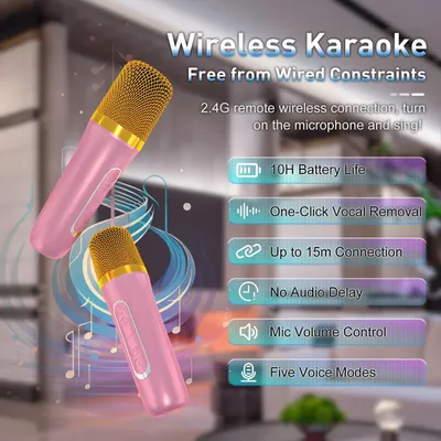 Highlights multiple key features and benefits of the wireless karaoke microphone to showcase its versatility and ease of use.