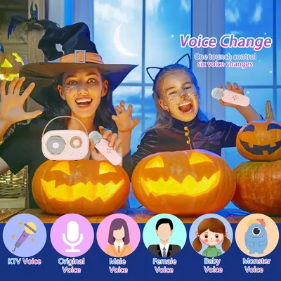 Highlights the product's voice changing capability, showing it can produce 6 different voice effects for fun and entertainment. Associates the product with Halloween festivities, suggesting it's…