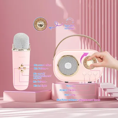 Highlights the various controls and features of the microphone and speaker set, helping customers understand how to operate the product.