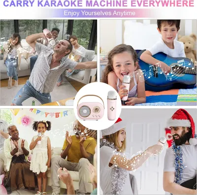 Demonstrates the various settings and occasions where the portable karaoke machine can be used, showing its versatility for different age groups and events.