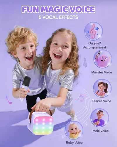 Showcases multiple fun features of the product, including various voice effects and colorful LED lights, to appeal to children and highlight its entertainment value.