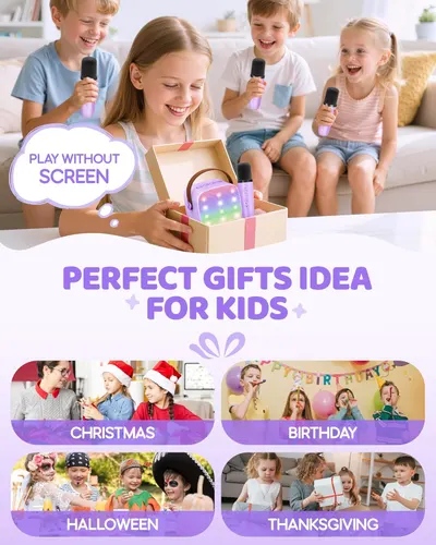 Demonstrates the product as an ideal gift for children across multiple occasions and highlights its screen-free play feature. Shows the product's relevance as a gift for various holidays and special…