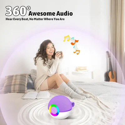 Highlights the product's 360-degree audio capability, emphasizing immersive sound quality from any location.
