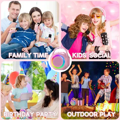 Demonstrates various scenarios where the product (likely a portable speaker or karaoke device) can be used, showcasing its versatility for different family and social activities.