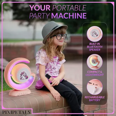 Showcases multiple features of the portable speaker to highlight its versatility and convenience for young users. Demonstrates the product's use case as a portable entertainment device for children,…