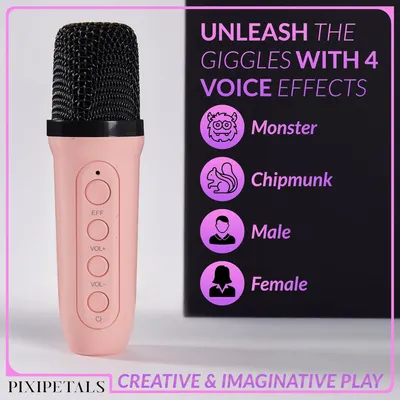 Showcases the multiple voice effect features of the microphone to highlight its entertainment value and encourage imaginative play.