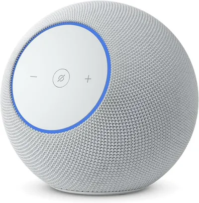 Showcases the sleek, modern design of the smart speaker with its distinctive circular shape and light ring interface.