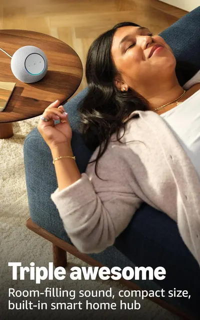 Highlights three key features of the smart speaker to showcase its versatility and value. Shows the product in a real-world context, emphasizing its ability to enhance relaxation and comfort at home.