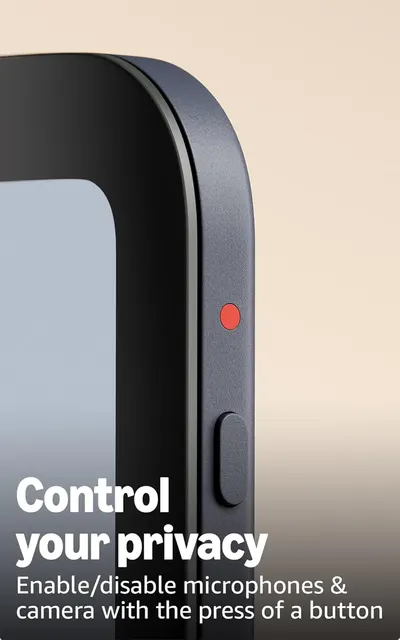Highlights the product's ability to enable/disable microphones and camera with a physical button, emphasizing user privacy control.