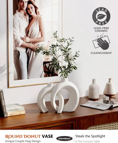 Highlights multiple product features to showcase its safety, practicality, and aesthetic appeal. Emphasizes the vase's distinctive shape that resembles a couple embracing, appealing to romantic…
