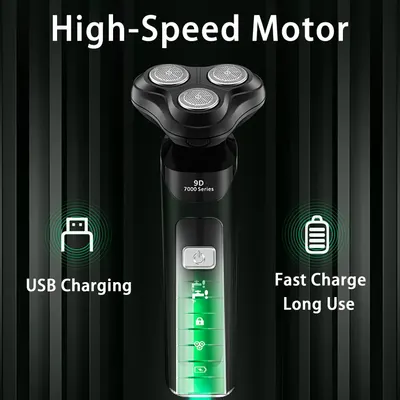 Highlights multiple key features of the electric shaver to demonstrate its advanced technology and convenience.