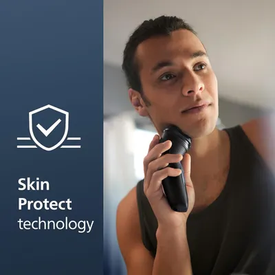 Highlights the product's skin protection feature to reassure users about the safety and gentleness of the shaver on their skin.