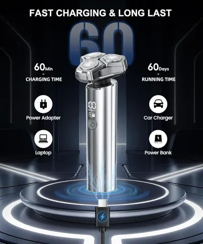 Highlights the product's quick charging capability and extended battery life to emphasize its convenience and reliability. Provides specific numerical data on charging and usage duration to quantify…