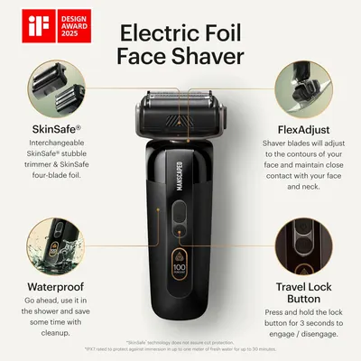 Highlights key features and components of the electric foil face shaver to demonstrate its advanced functionality and ease of use. Showcases multiple features of the shaver to emphasize its…
