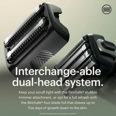 Showcases the product's dual-head system, highlighting its versatility for both stubble trimming and close shaving.
