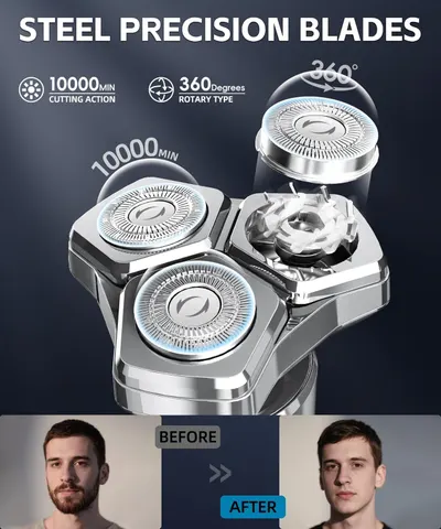 Highlights multiple technical features of the shaver blades to demonstrate superior performance and precision. Shows the effectiveness of the shaver by comparing beard growth before and after use.